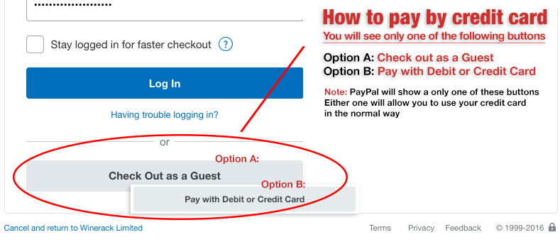 PayPal example showing 'Pay with credit or debit card' option